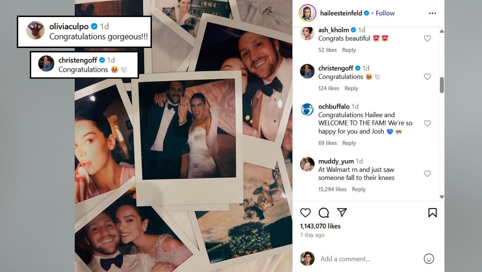 Jared Goff's wife congratulates Josh Allen and Hailee Steinfeld for wedding (Image Credit: Steinfeld/IG)